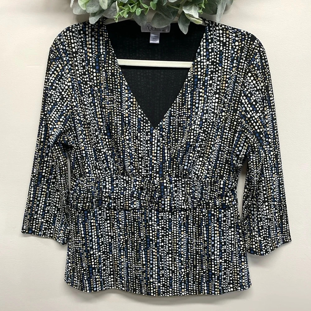 Nine & Co by Nine West 3/4 Sleeve Crossover V-Neck Polka Dot Blouse L
